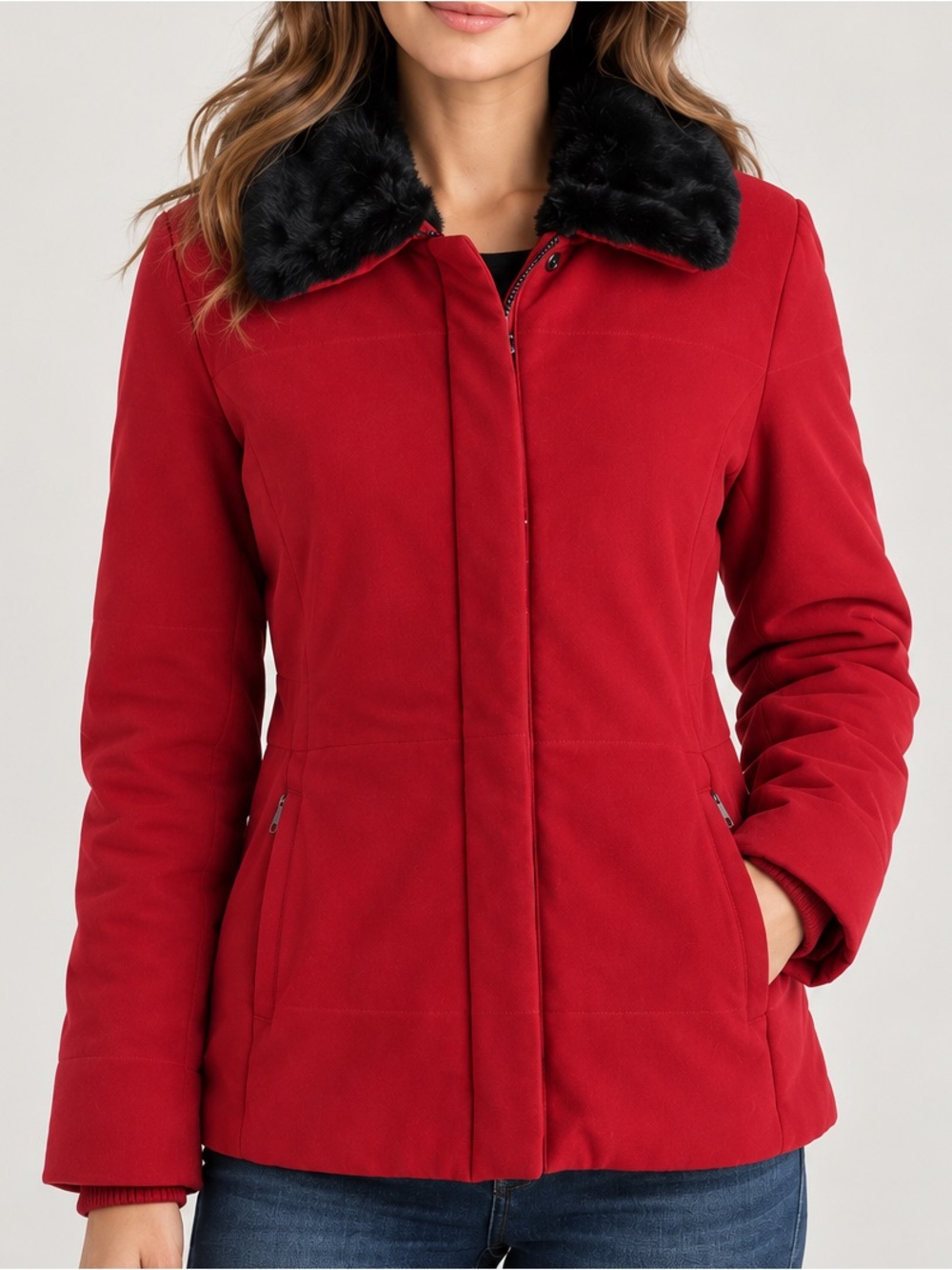 Jones New York Red Jacket Small Removable Faux Fur Collar Winter Coat